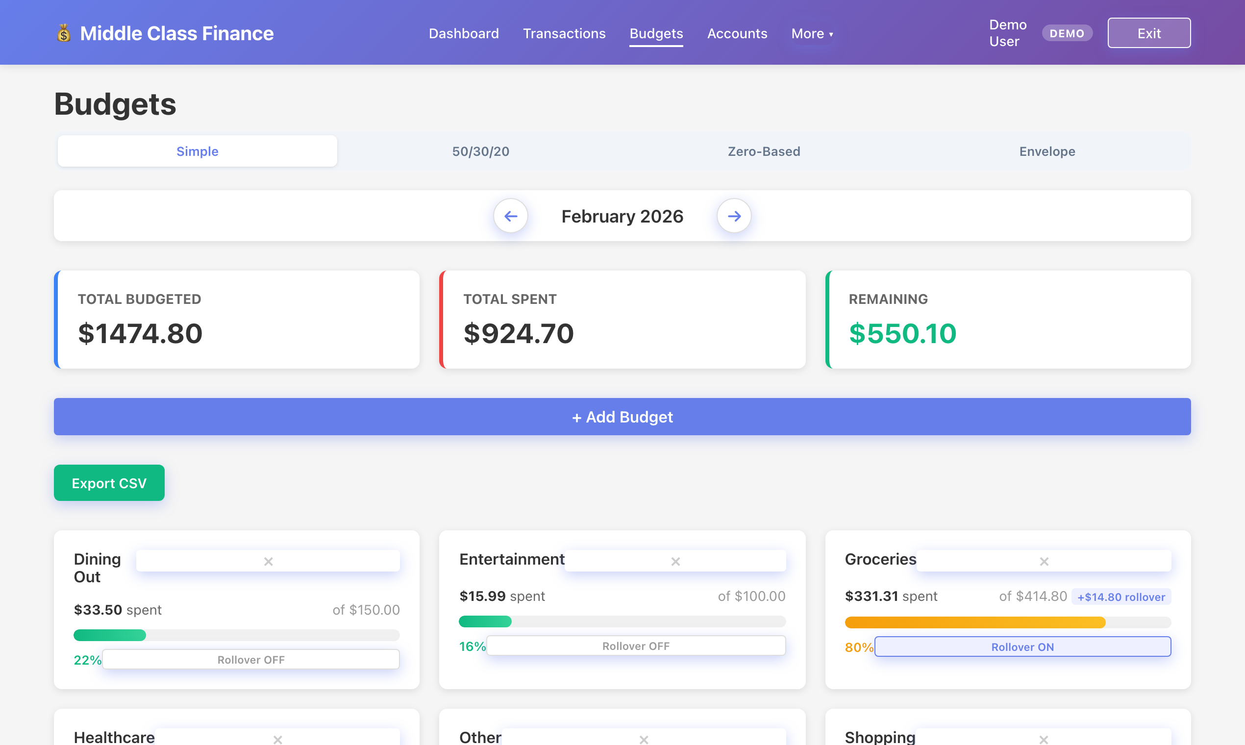 Monthly budget tracking by category with progress bars