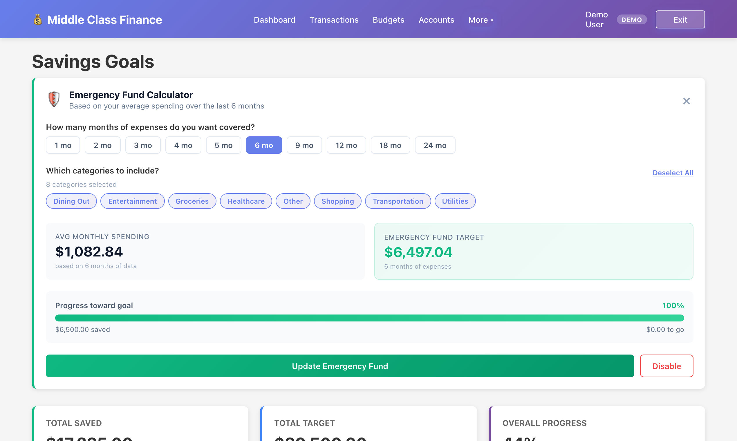 Savings goals with progress tracking and target dates