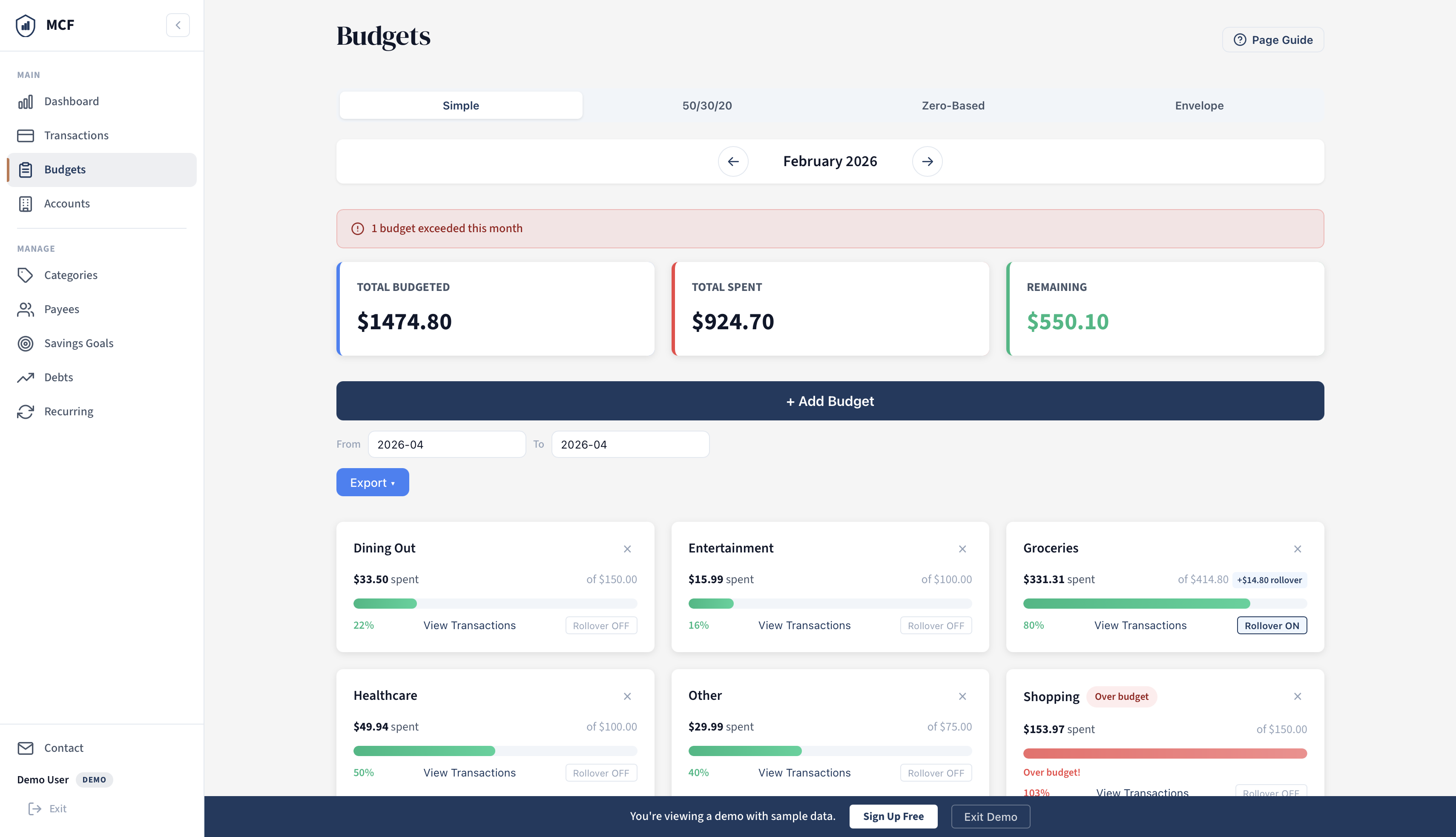 Monthly budget tracking by category with progress bars and rollover