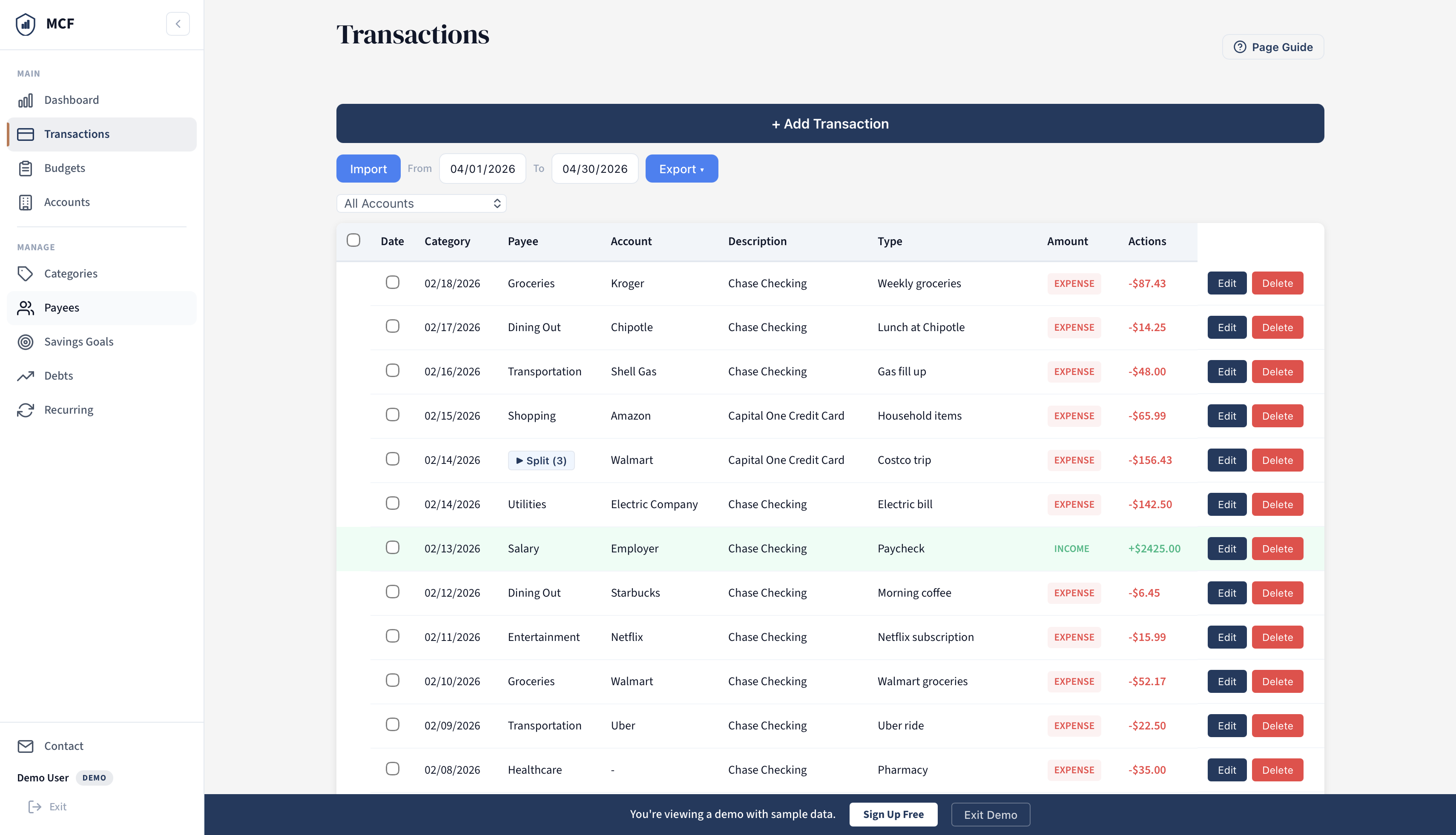 Transaction list with categories, payees, and split transactions